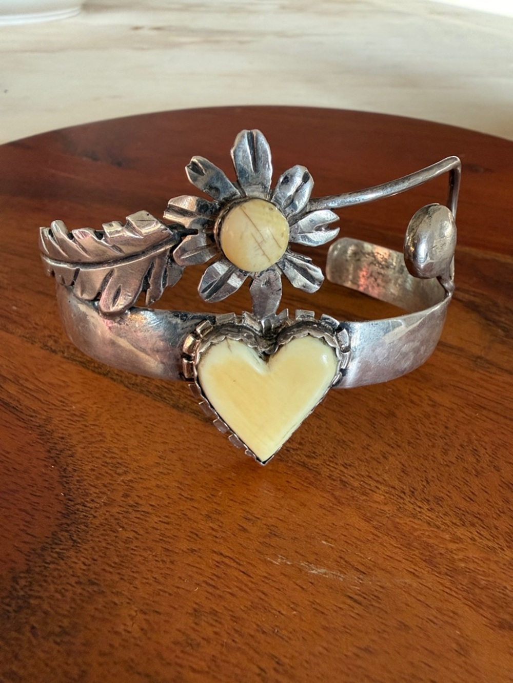 Navajo Artist Bill Kirkham Sterling Floral Leaf and Heart Cuff Bracelet